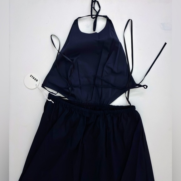 STAUD Vanessa halterneck cotton blend poplin dress pocket tie back midi navy xl - Picture 10 of 14